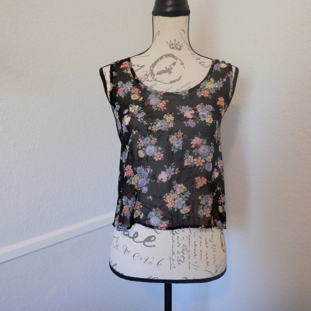 Sheer Black and Floral Crop Tank w/ Windmill Back